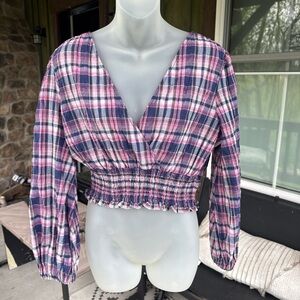 Zara Plaid V-Neck Smocked Crop Top medium